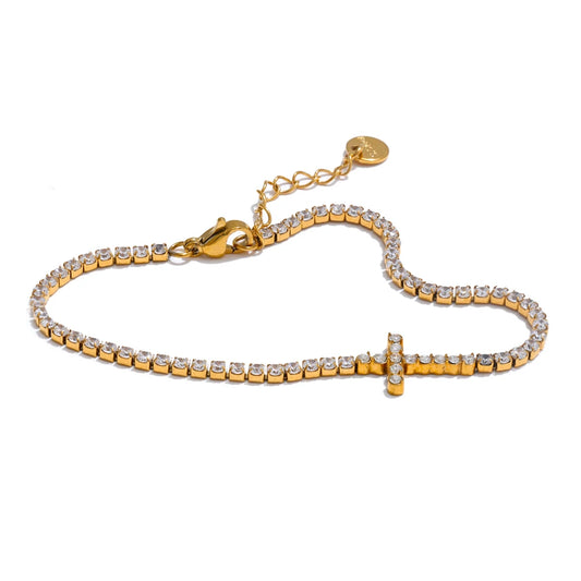 Zircon Cross Charm Bangle Bracelet - Ecru
