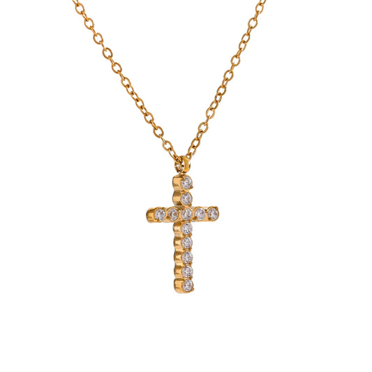 Zircon Cross Pendant Statement Necklace - Ecru