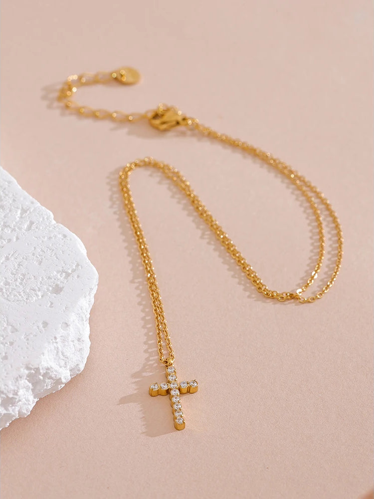 Zircon Cross Pendant Statement Necklace - Ecru