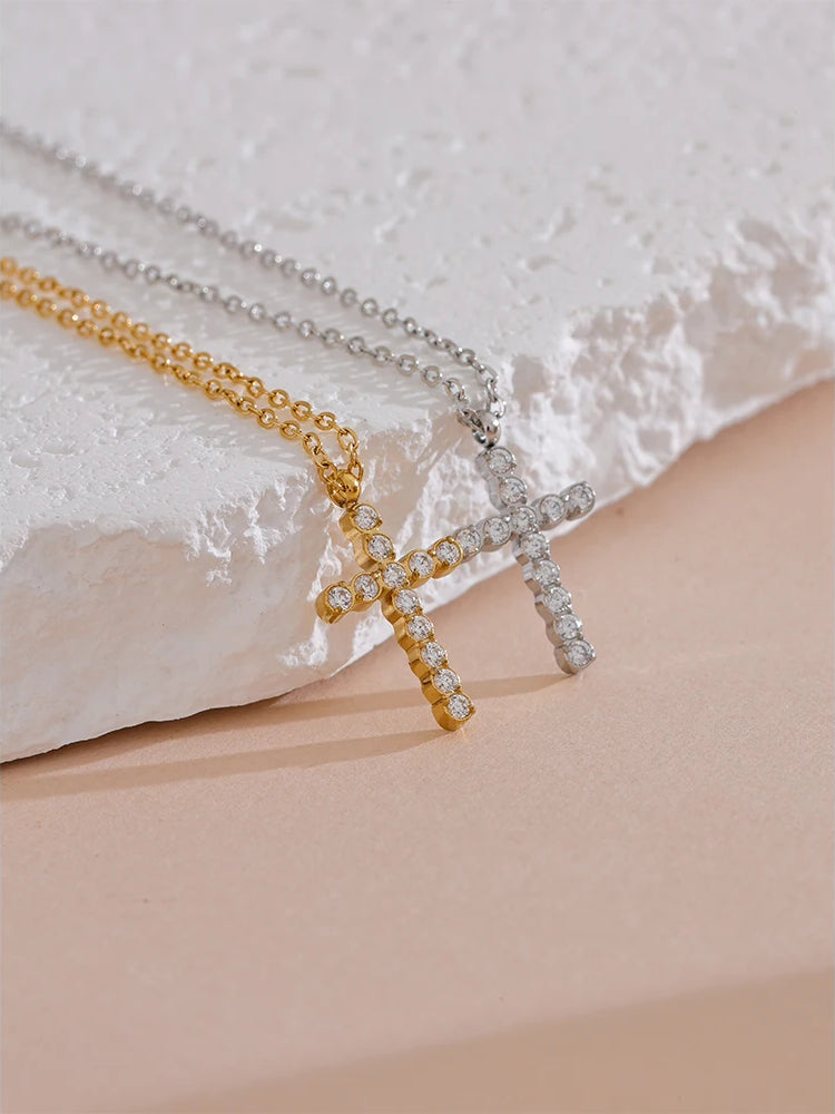 Zircon Cross Pendant Statement Necklace - Ecru