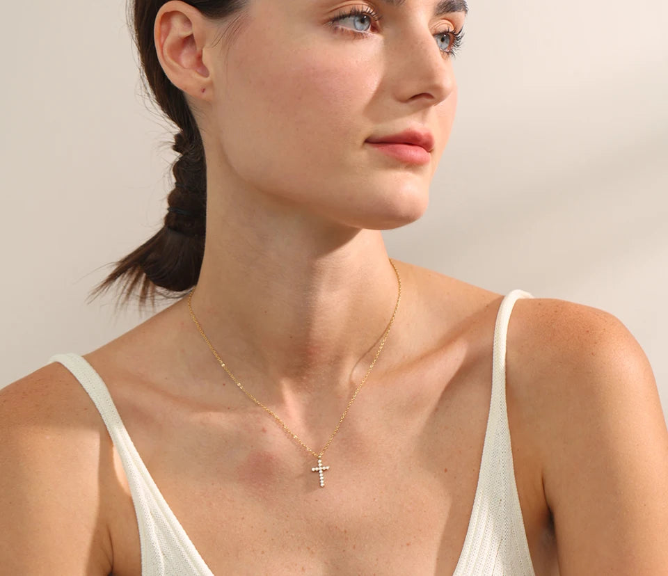 Zircon Cross Pendant Statement Necklace - Ecru
