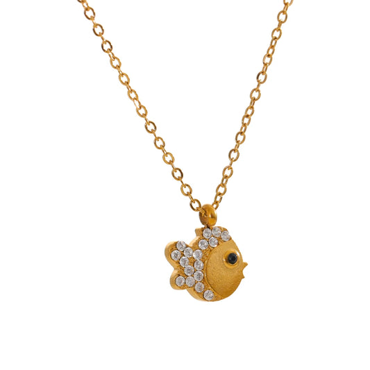 Zircon Fish Charm Pendant Necklace - Ecru