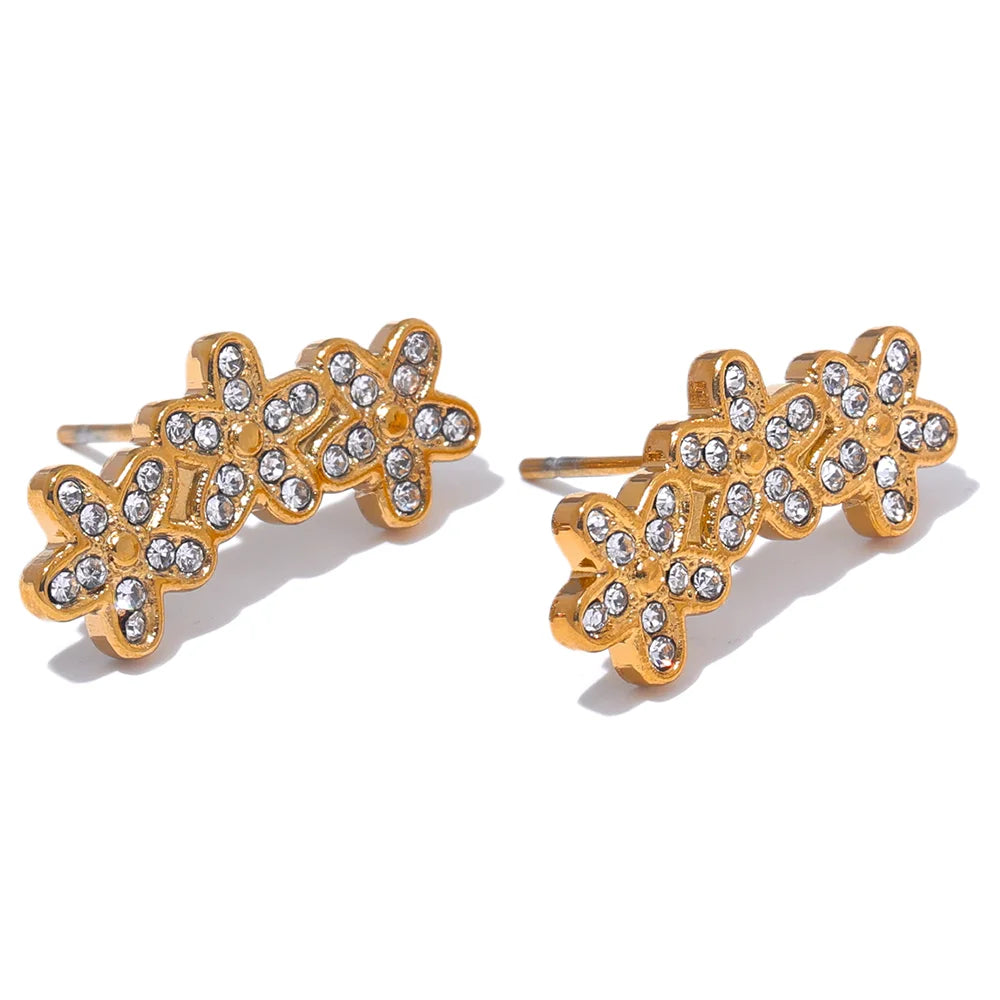 Zircon Flower Charm Stud Earrings - Ecru