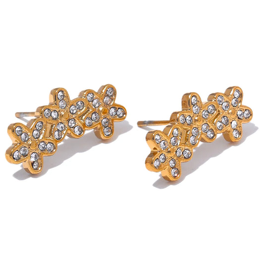 Zircon Flower Charm Stud Earrings - Ecru