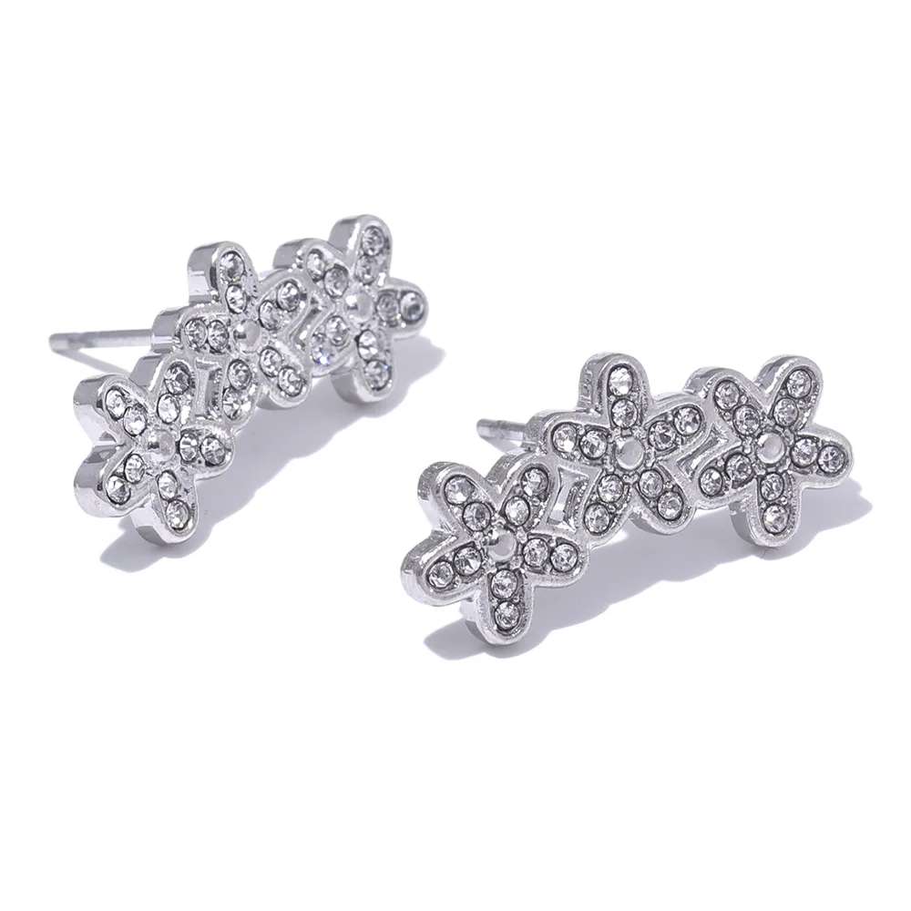 Zircon Flower Charm Stud Earrings - Ecru