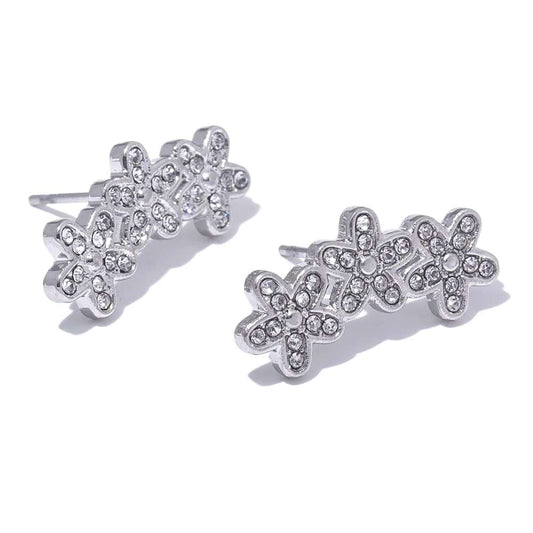 Zircon Flower Charm Stud Earrings - Ecru