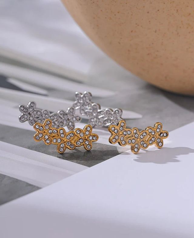 Zircon Flower Charm Stud Earrings - Ecru