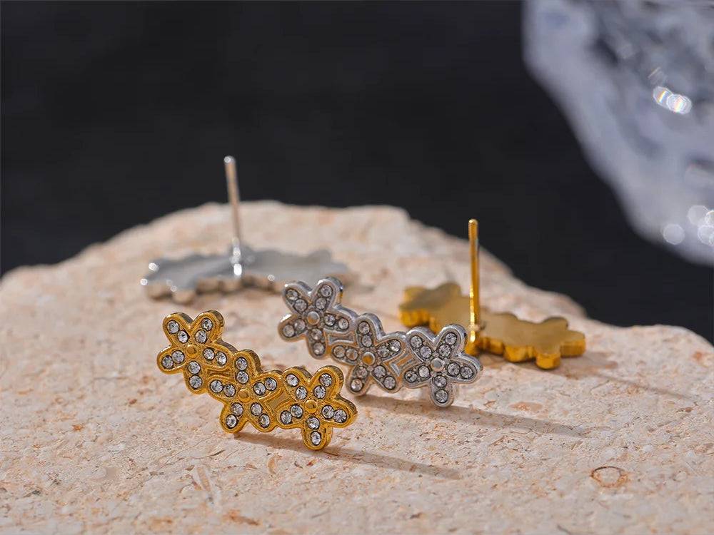 Zircon Flower Charm Stud Earrings - Ecru