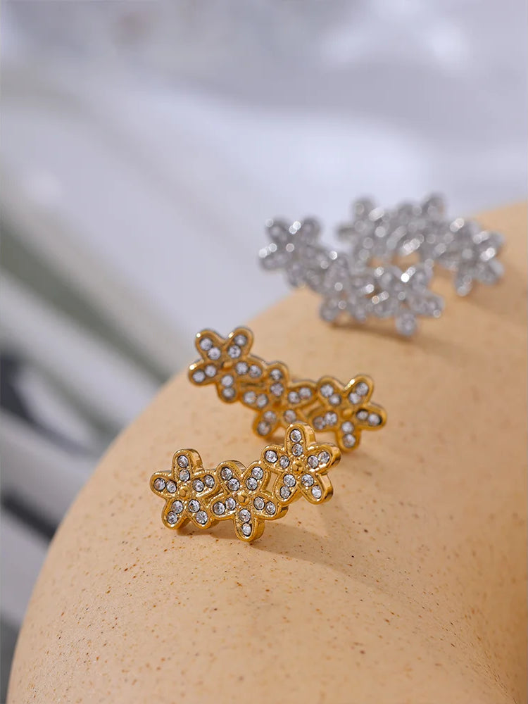 Zircon Flower Charm Stud Earrings - Ecru