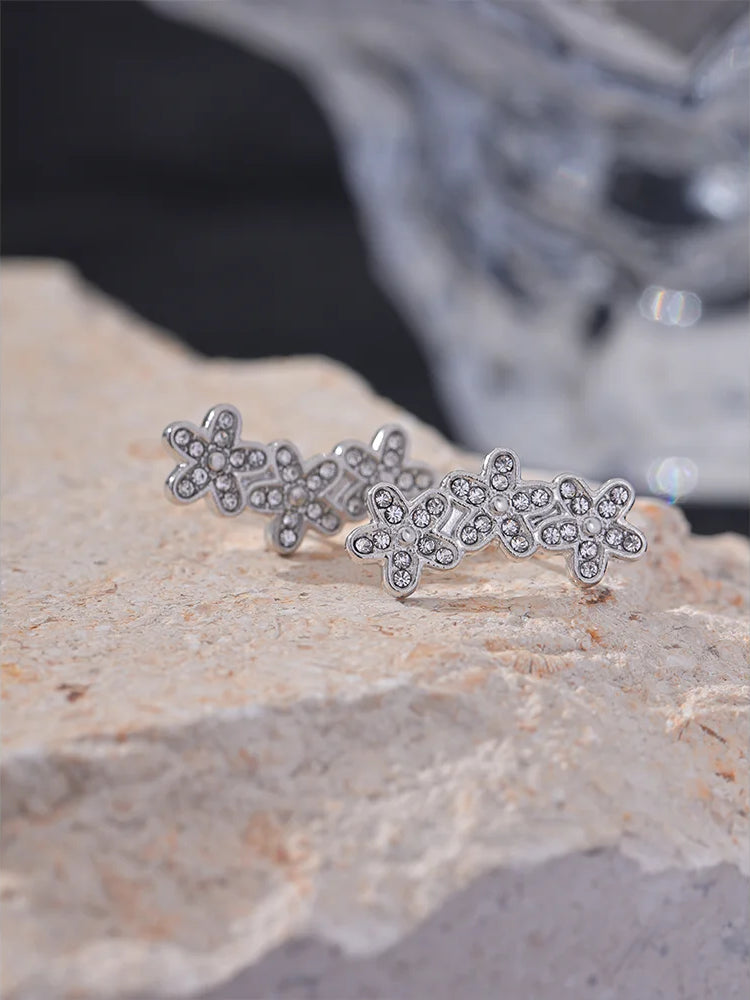 Zircon Flower Charm Stud Earrings - Ecru