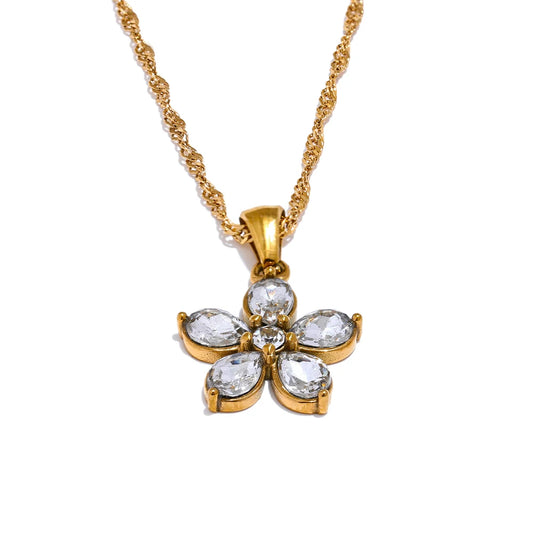Zircon Flower Pendant Statement Necklace - Ecru