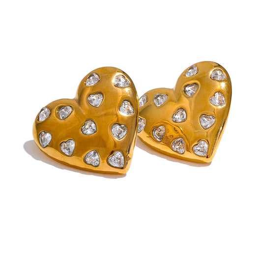 Zircon Heart Statement Stud Earrings - Ecru