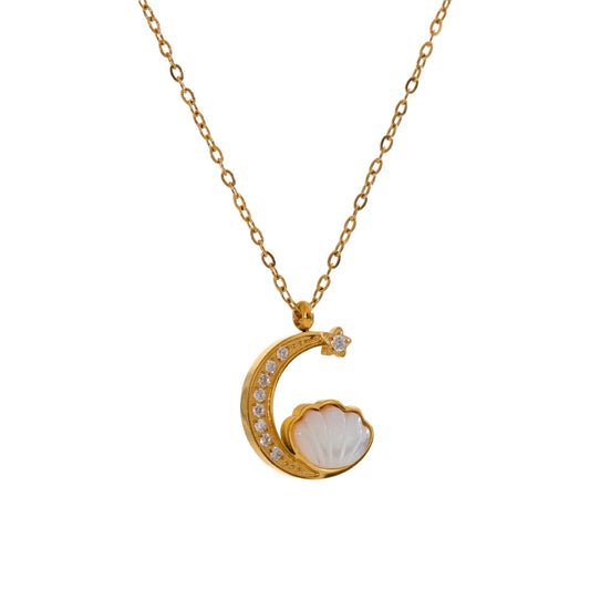 Zircon Shell Crescent Pendant Necklace - Ecru