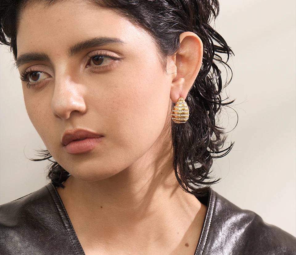 Zircon Teardrop Statement Stud Earrings - Ecru
